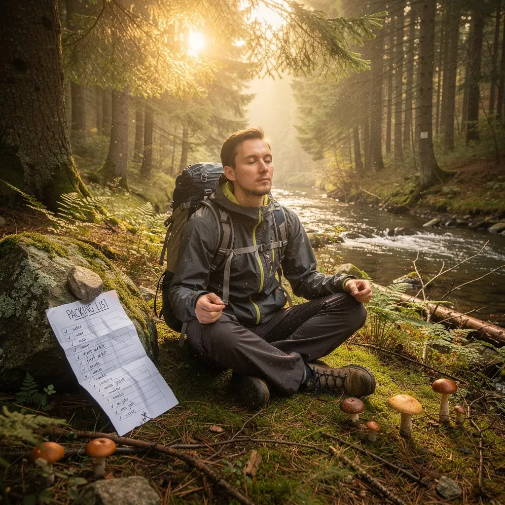 A detailed packing checklist laid out on a wooden table surrounded by outdoor gear and travel essentials.