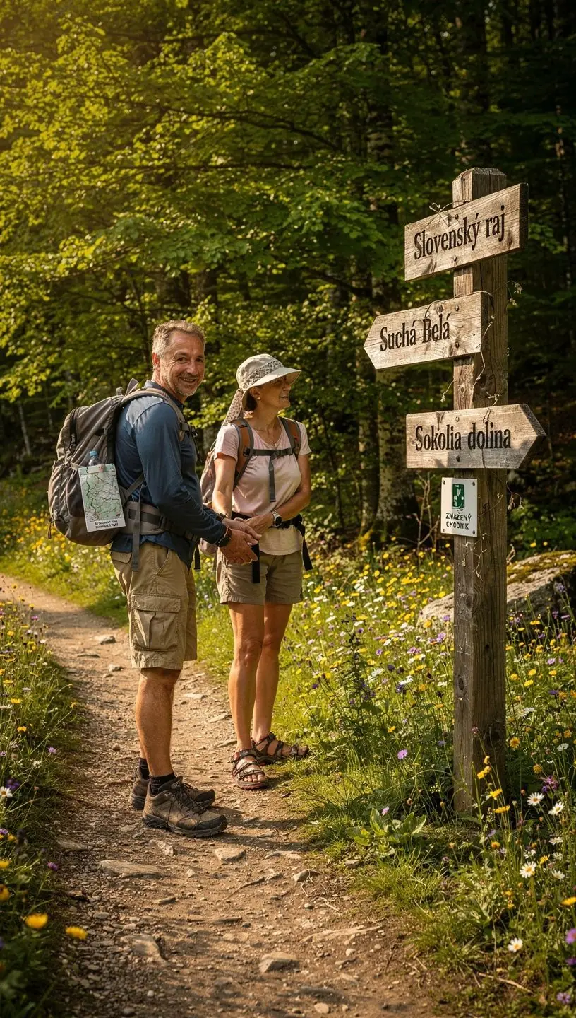 A colorful route map of Slovakia highlighting various national parks and scenic spots for visitors to explore.